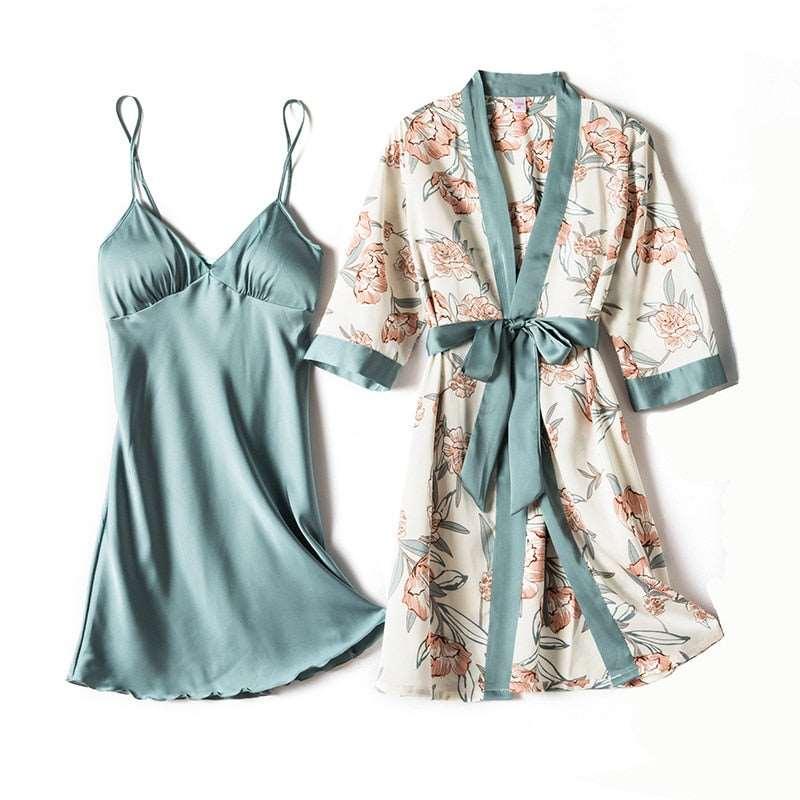 Conjunto de pijama con estampado sedoso con cinturón5 piezas - PARAIRAVENUS.COM