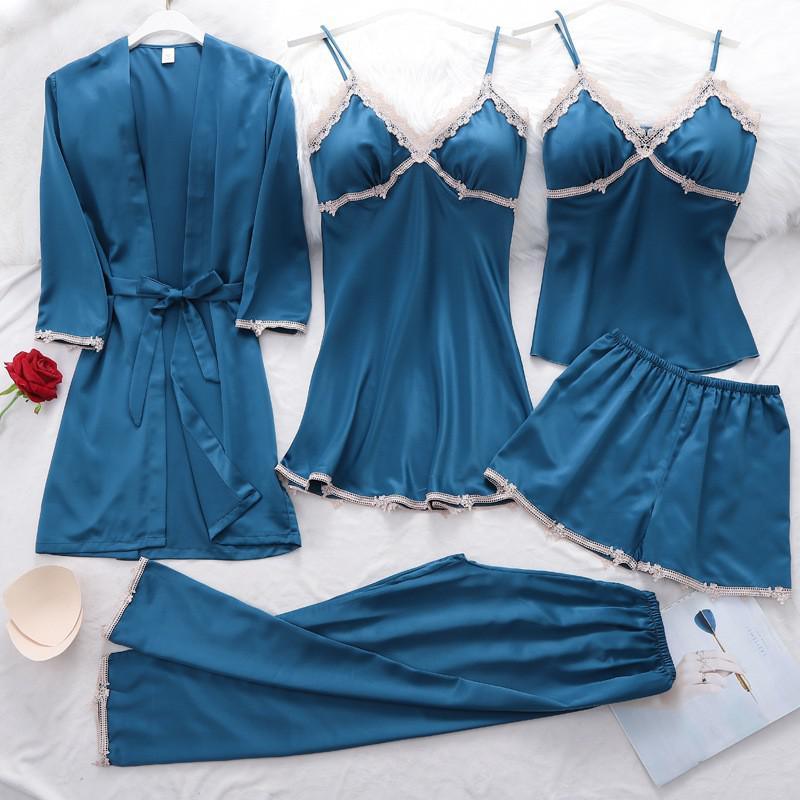 Conjunto de pijama de encaje sedoso para mujer, ropa de dormir Sexy, Kimono de satén, albornoz, camisón - PARAIRAVENUS.COM